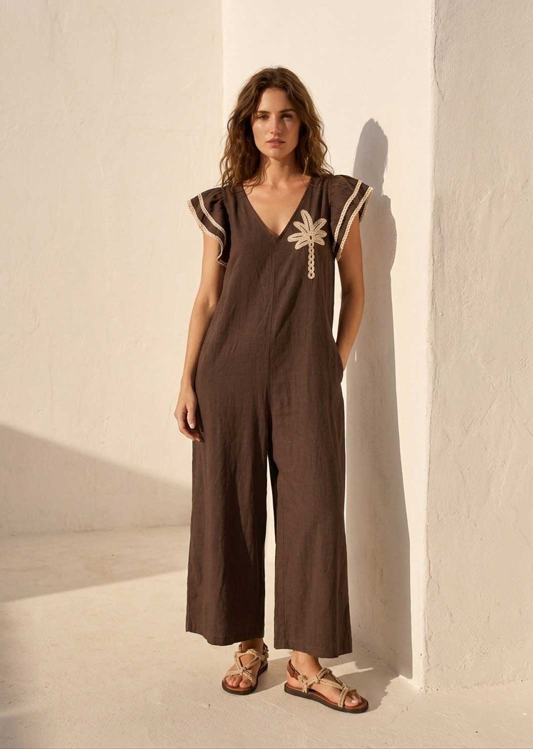 Brown wide leg jumpsuit women&