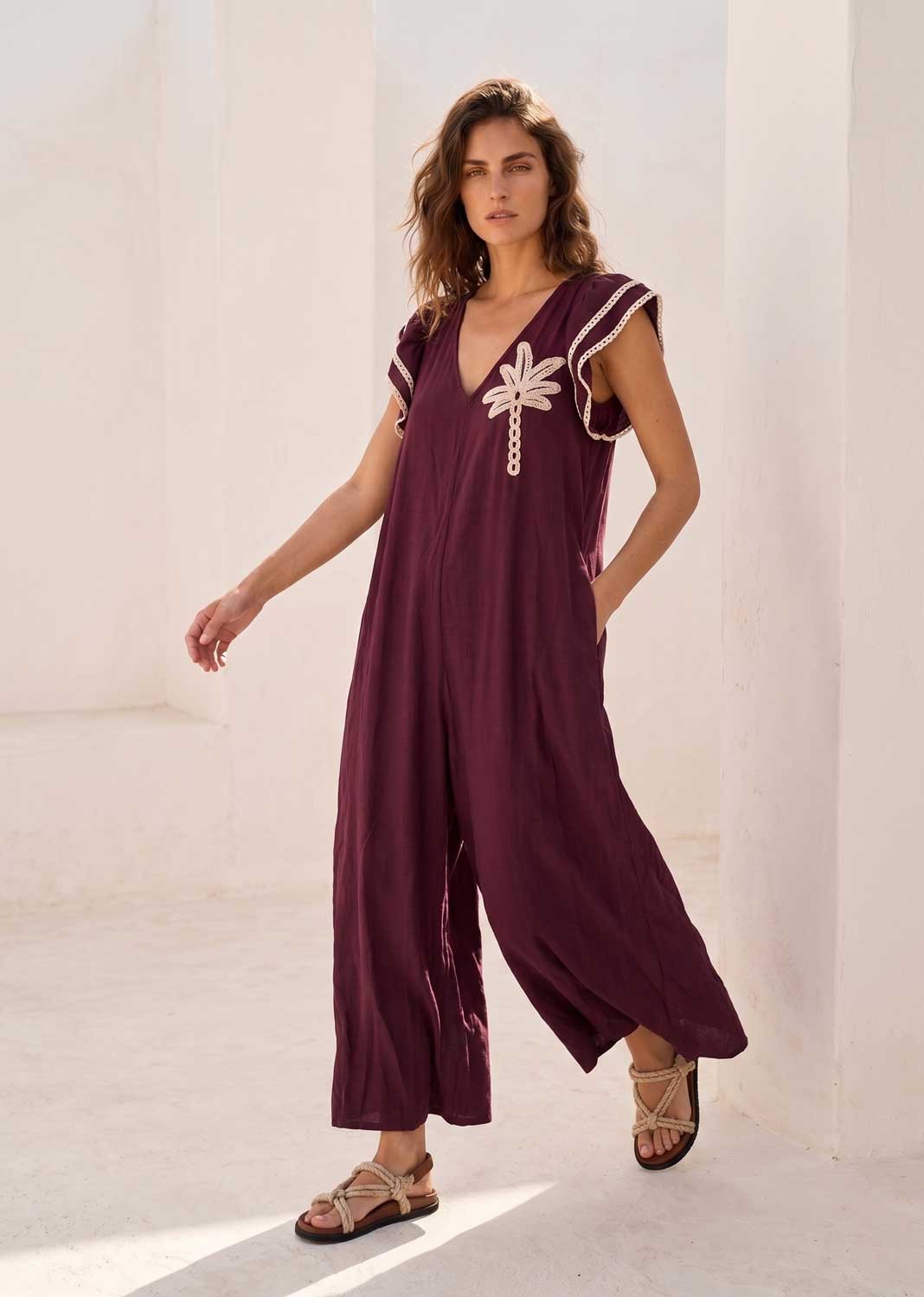Paloma Burgundy Embroidered Jumpsuit