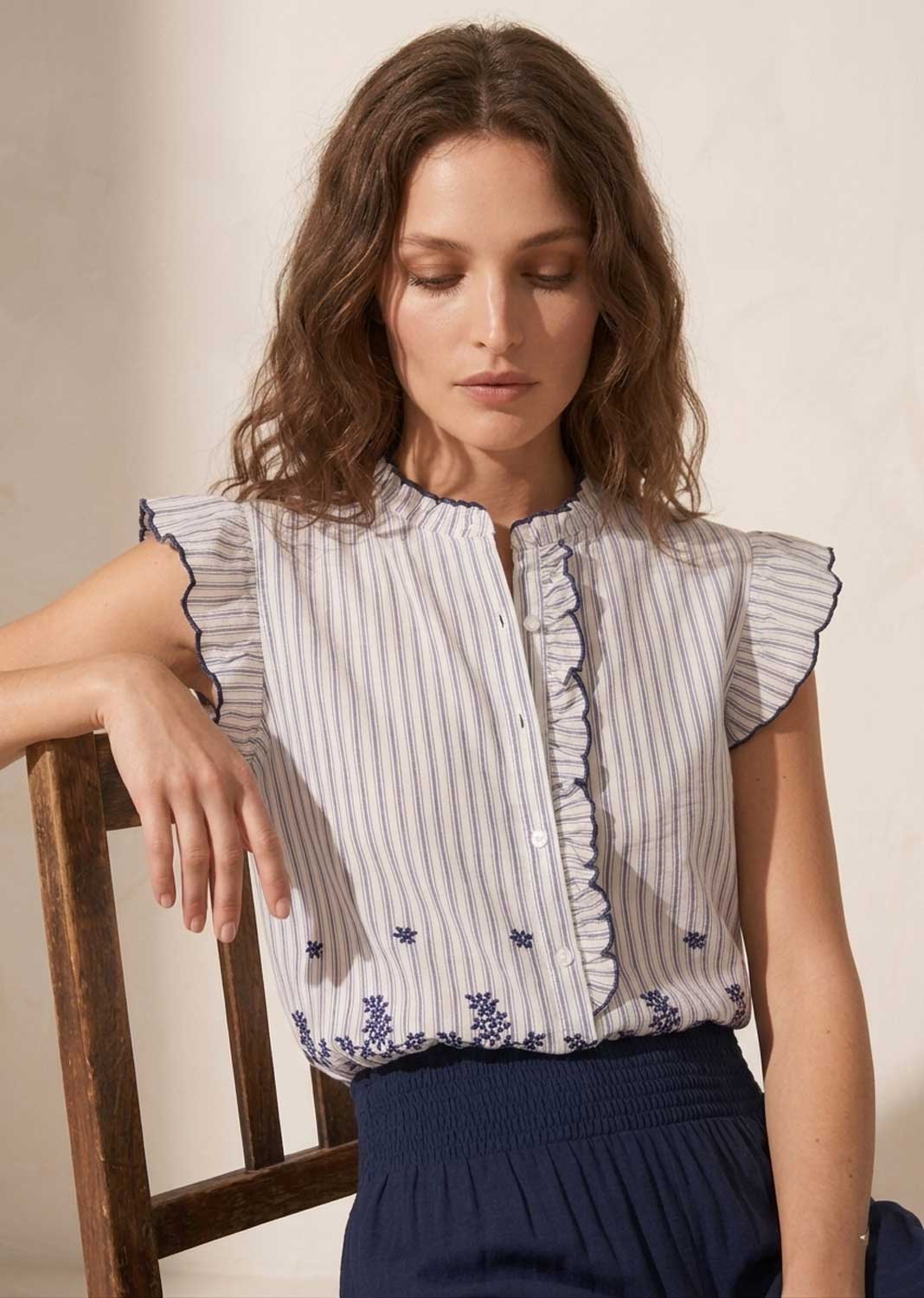 Navy and white Embroidered Blouse