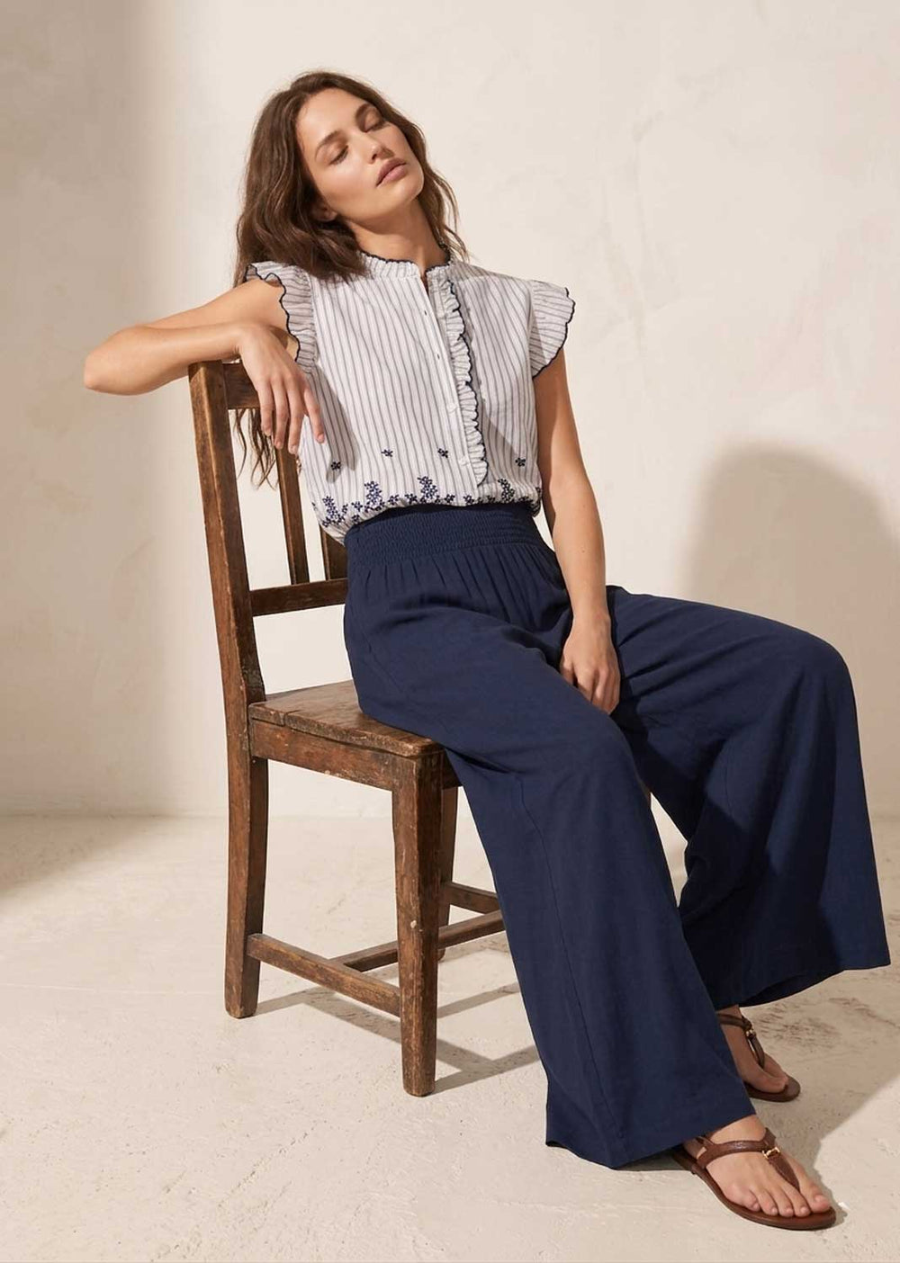  Navy and white Embroidered Blouse