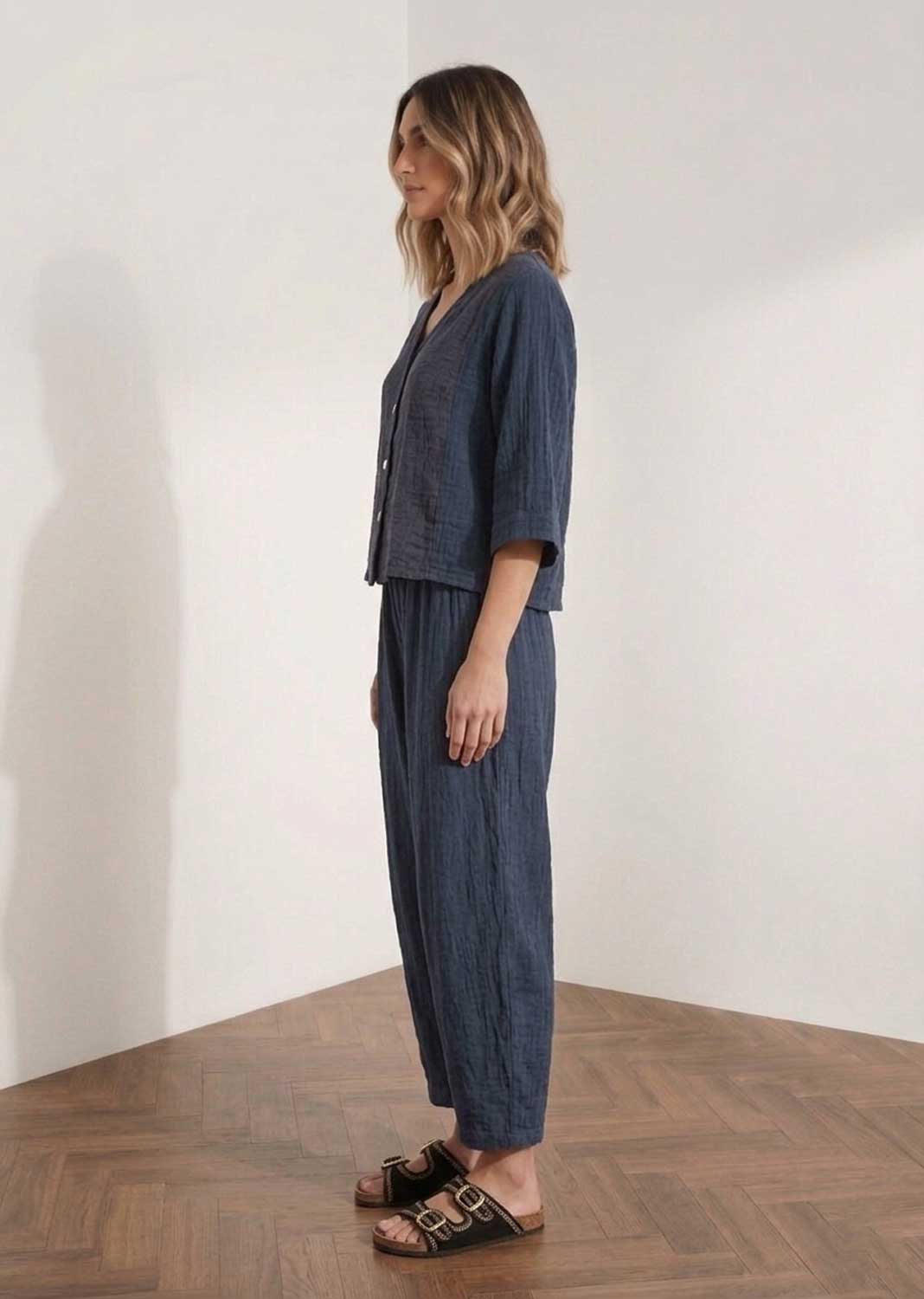 Sandy Navy Cheesecloth Barrel Pants