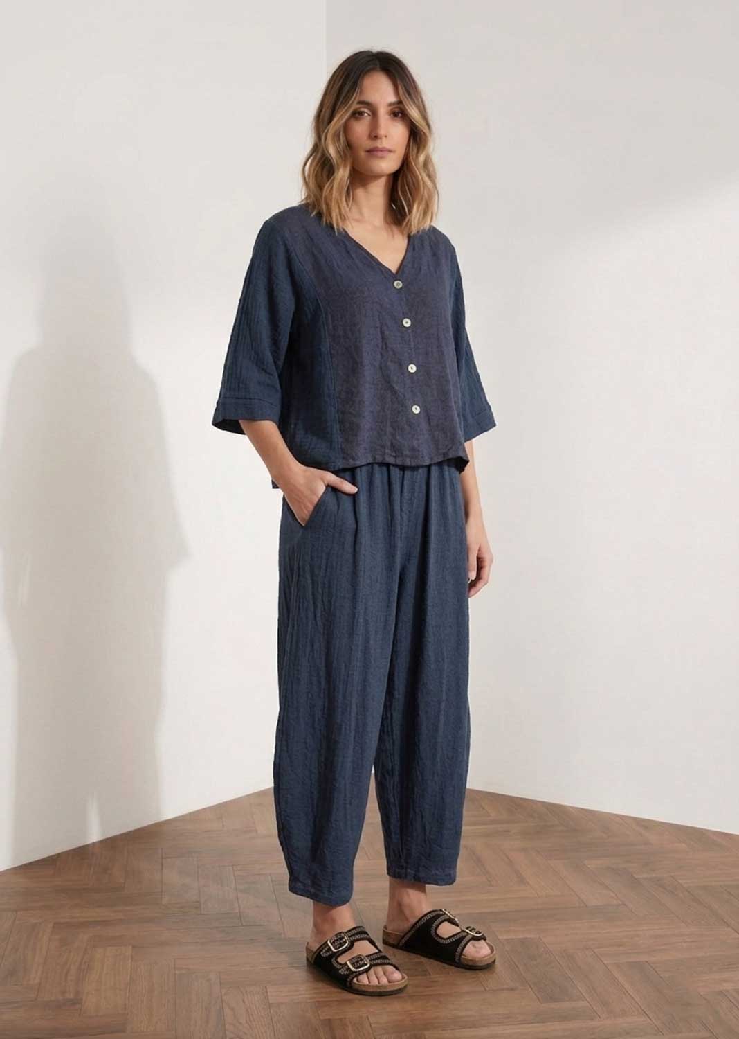 navy linen barrel pants 