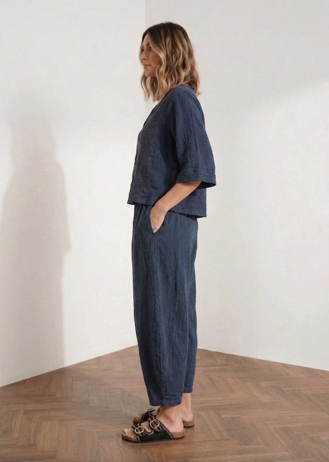 Sandy Navy Cheesecloth Barrel Pants