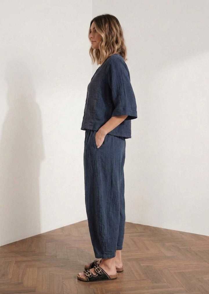 Sandy Navy Cheesecloth Barrel Pants
