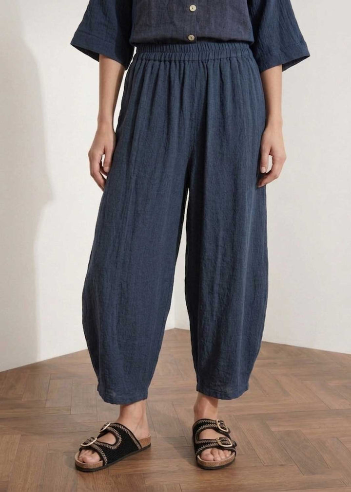 Sandy Navy Cheesecloth Barrel Pants