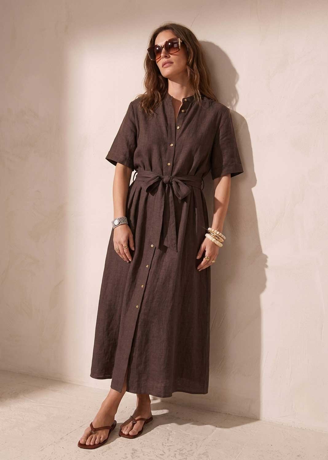 brown linen maxi dress