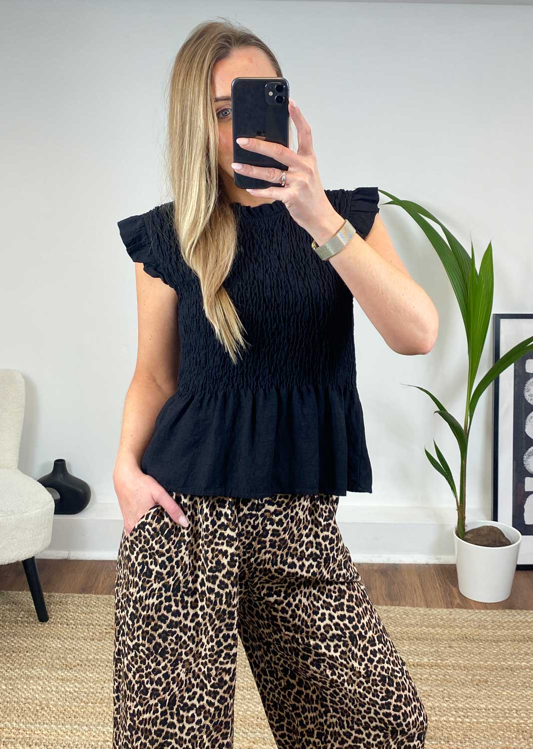Shirred Black Top