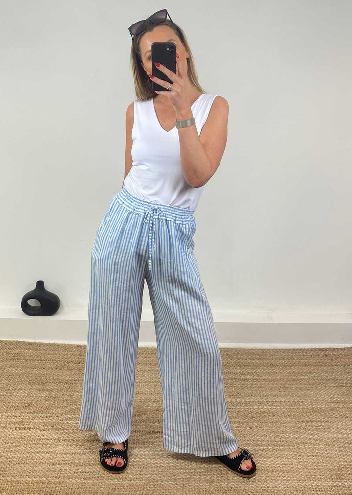 Siena Stripe Linen Pants in Blue