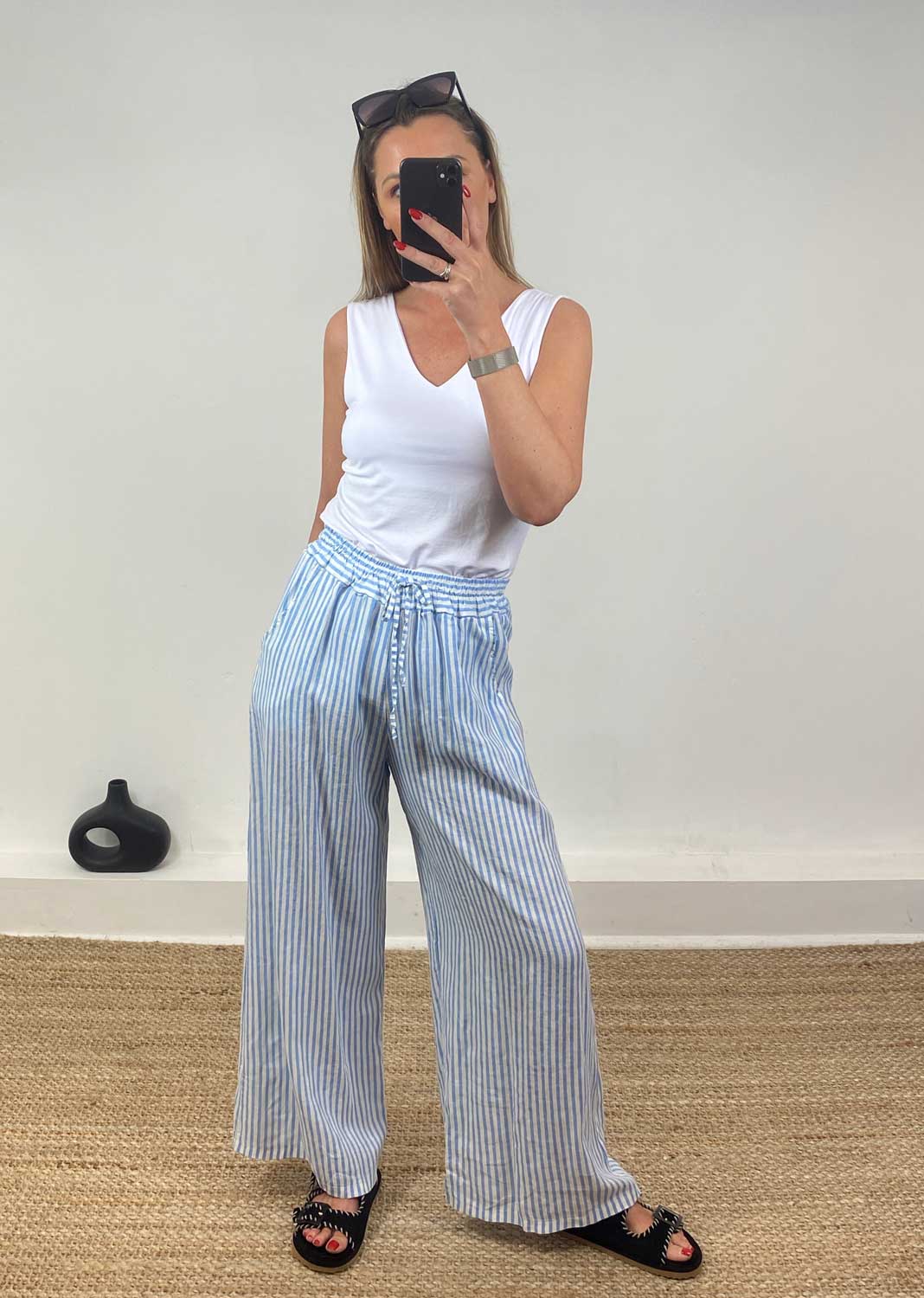 Siena Stripe Linen Pants in Blue