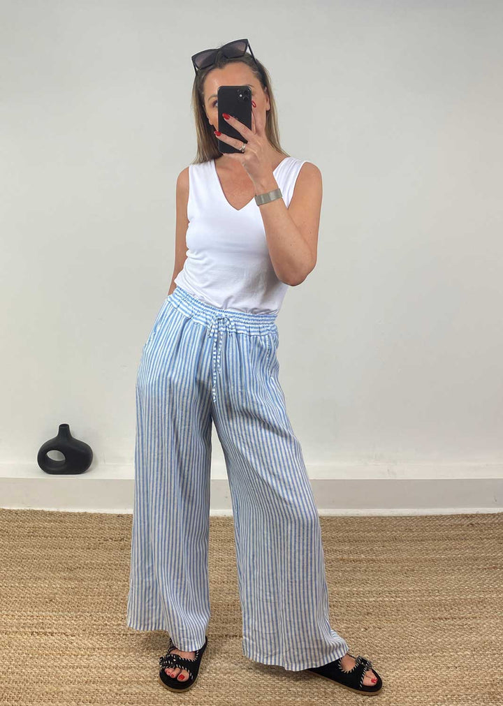 Siena Stripe Linen Pants in Blue