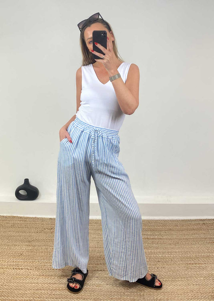 Siena Stripe Linen Pants in Blue