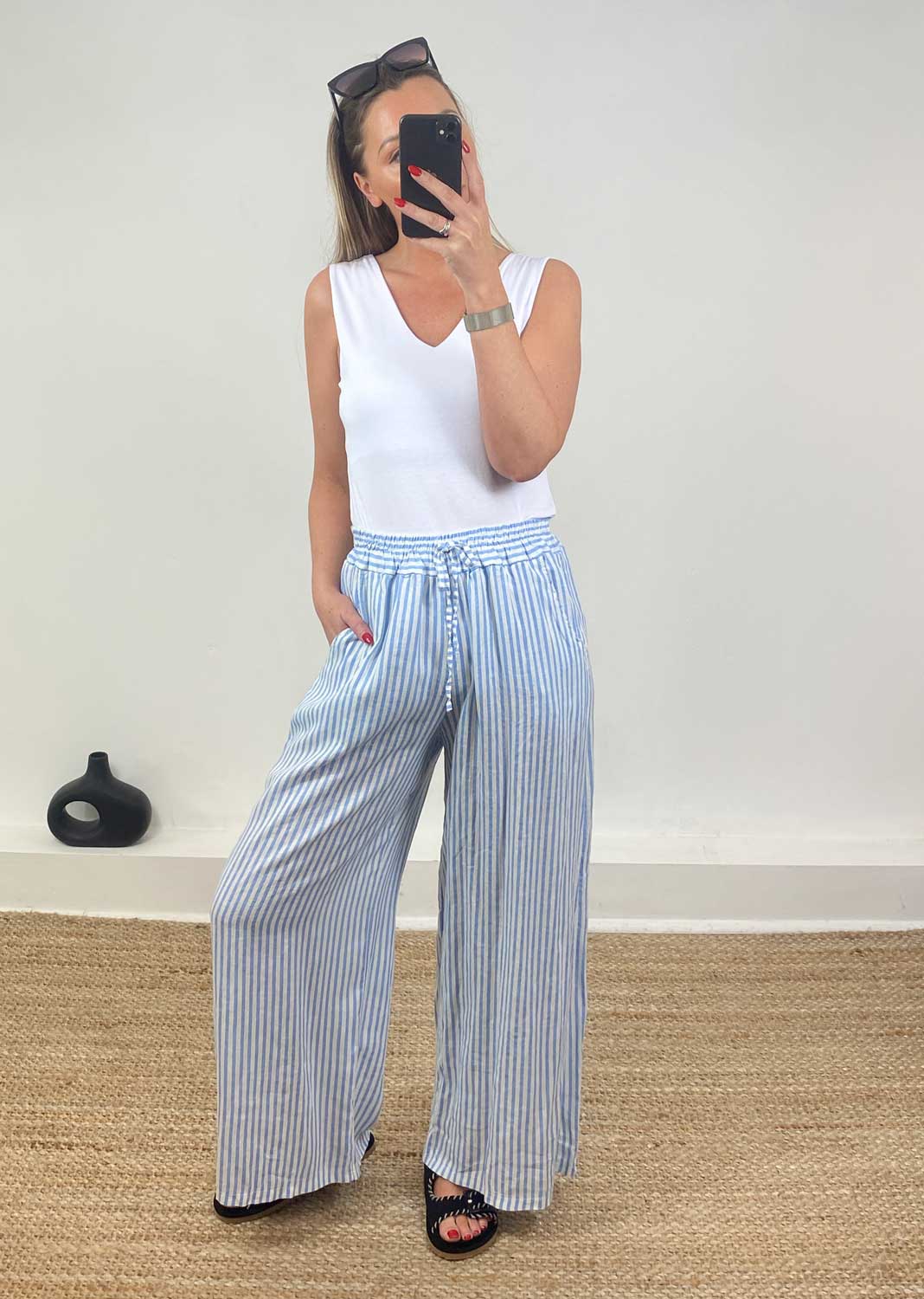 Siena Stripe Linen Pants in Blue