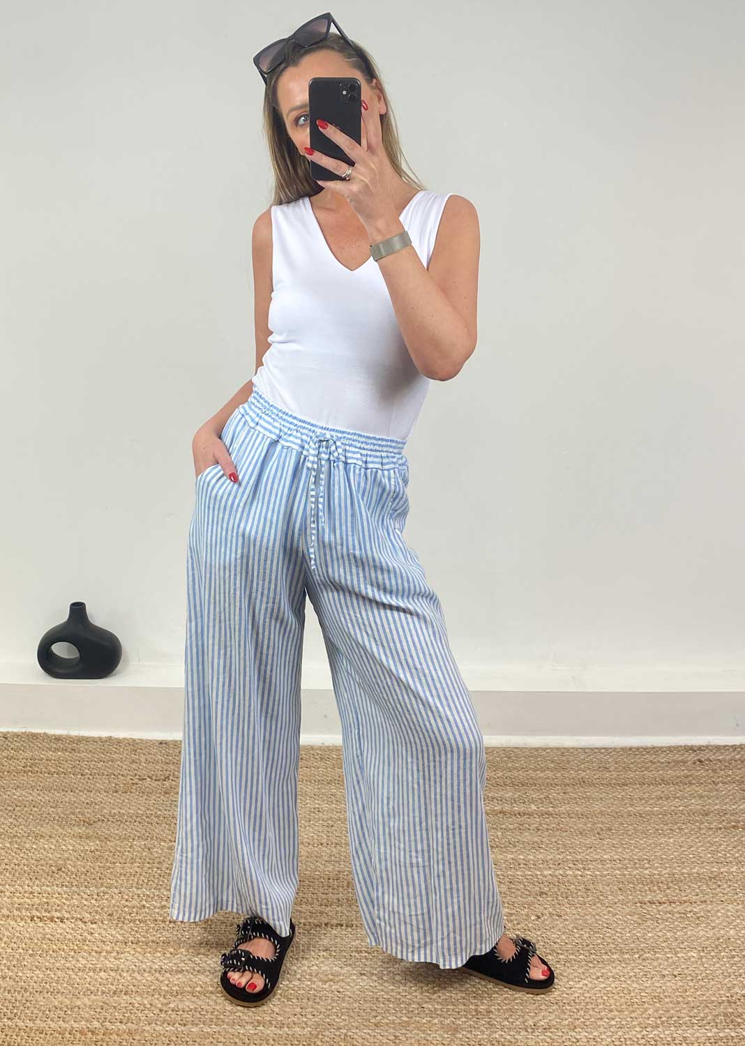 Siena Stripe Linen Pants in Blue