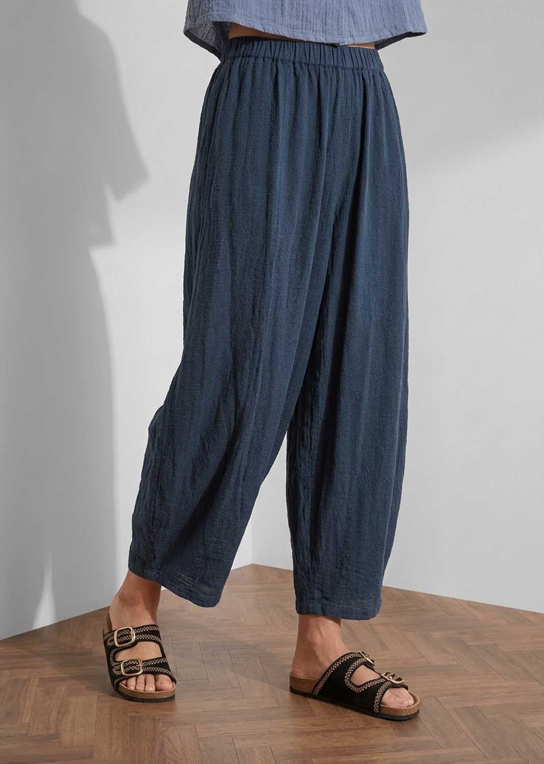 Sandy Navy Cheesecloth Barrel Pants