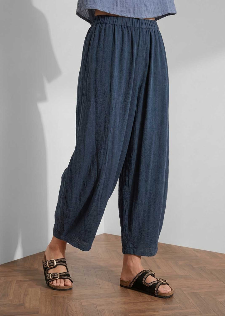 Sandy Navy Cheesecloth Barrel Pants