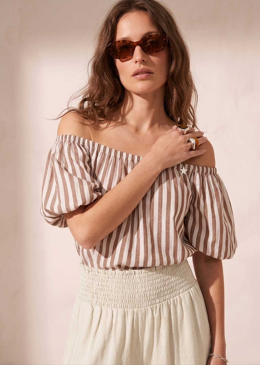 stripe bardot puff sleeve top 