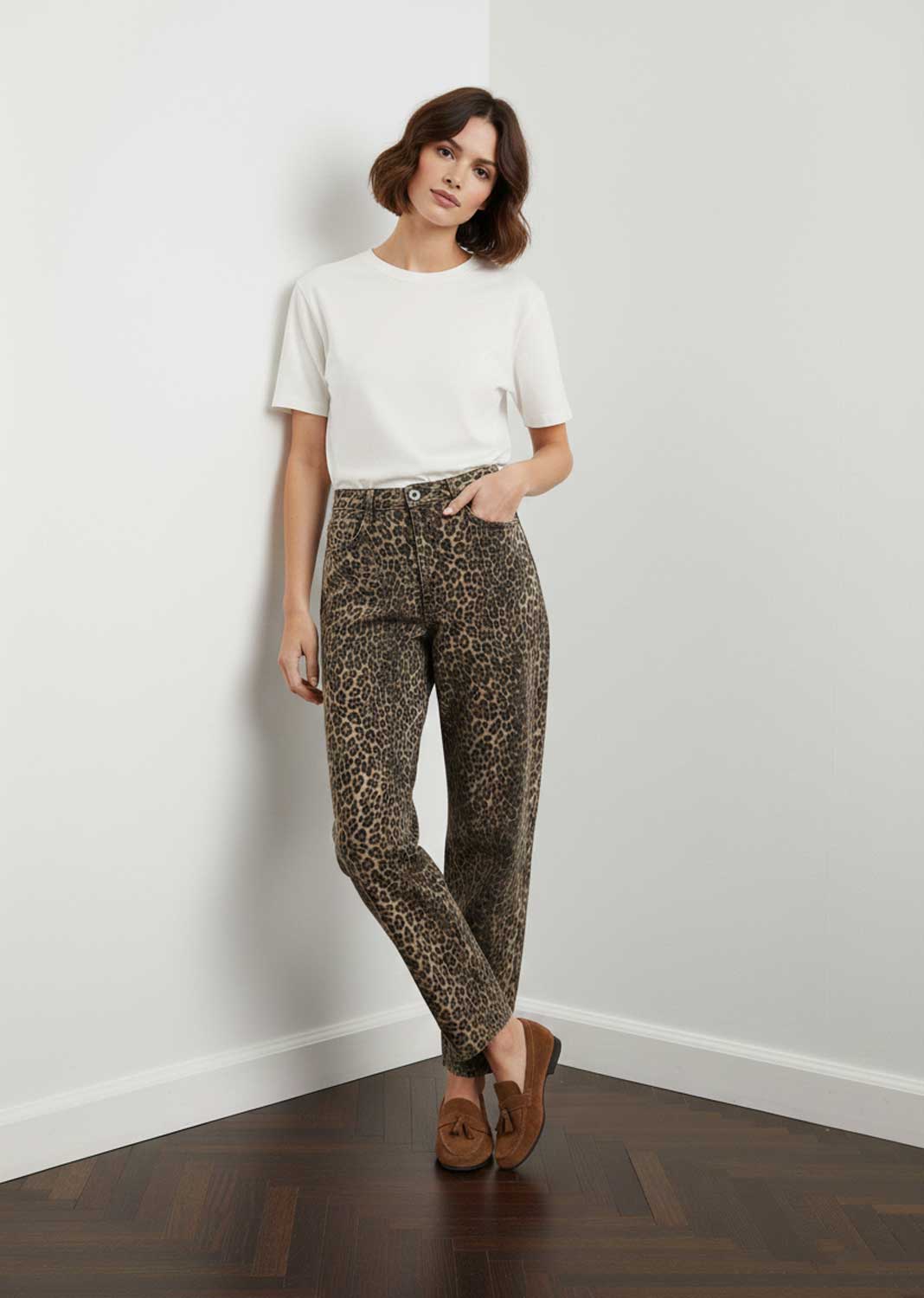 barrel leg leopard jeans 