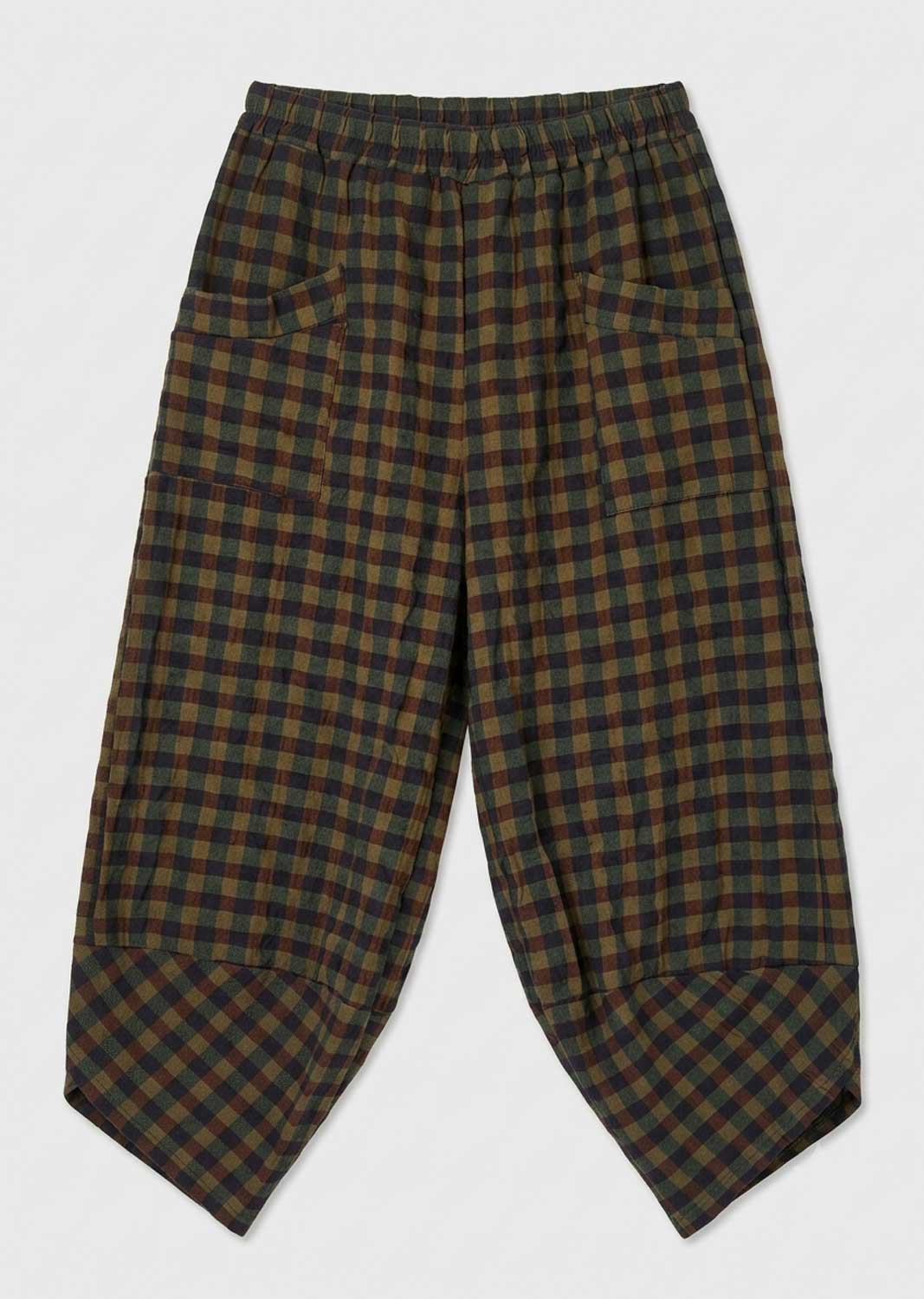 A pair of wide-leg cropped pants featuring a dark green and brown plaid pattern, an elastic waistband, and side pockets, laid flat on a light gray background.