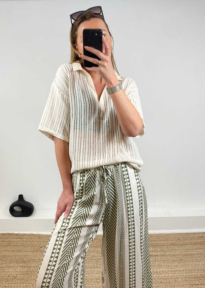 Cailey Knitted Polo Top  Beige