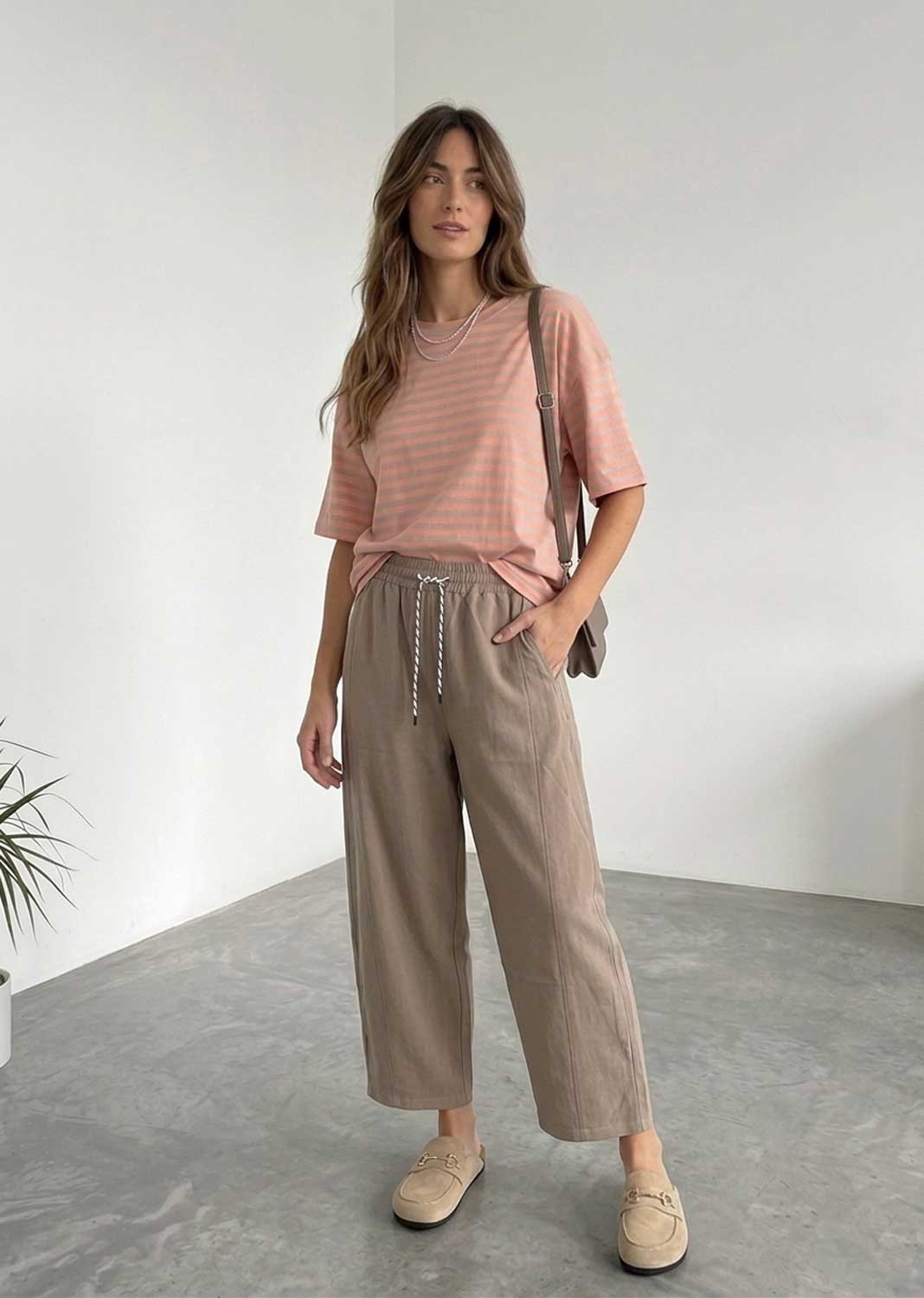 taupe barrel leg pull on pants