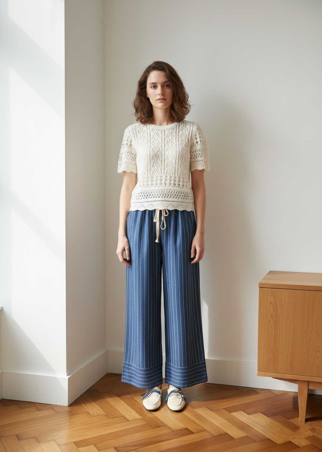 Elke Short Sleeve Crochet Top Cream
