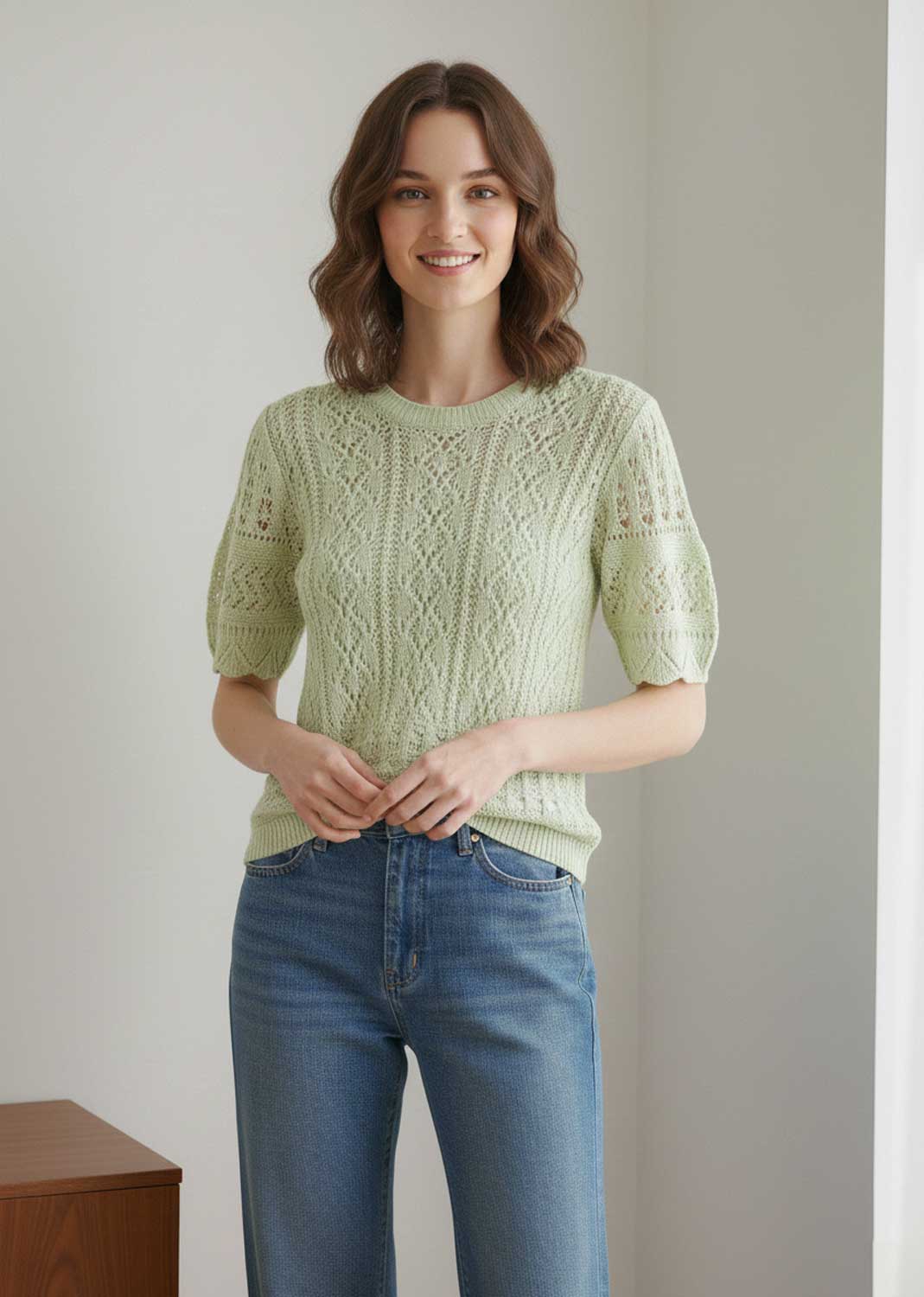 Elke Short Sleeve Crochet Top Green