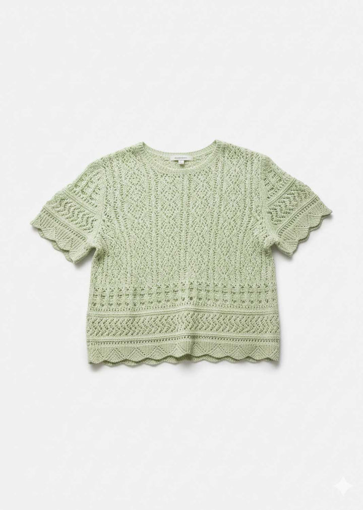 Elke Short Sleeve Crochet Top Green