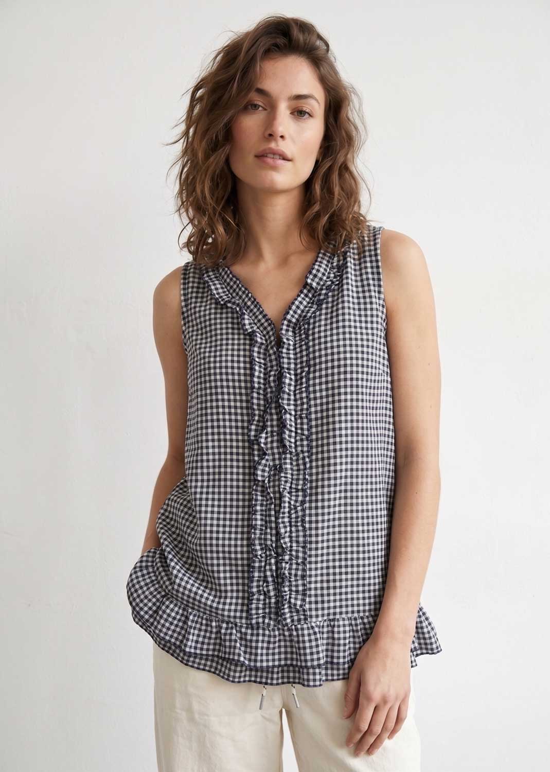navy gingham frill top