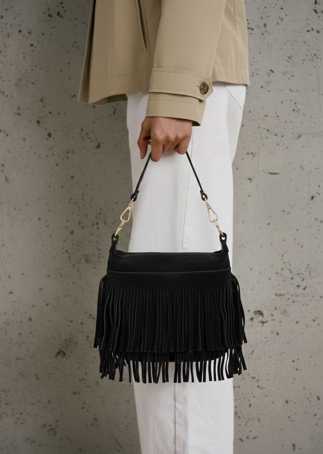 Lainey Suede Fringe Bucket Bag Black
