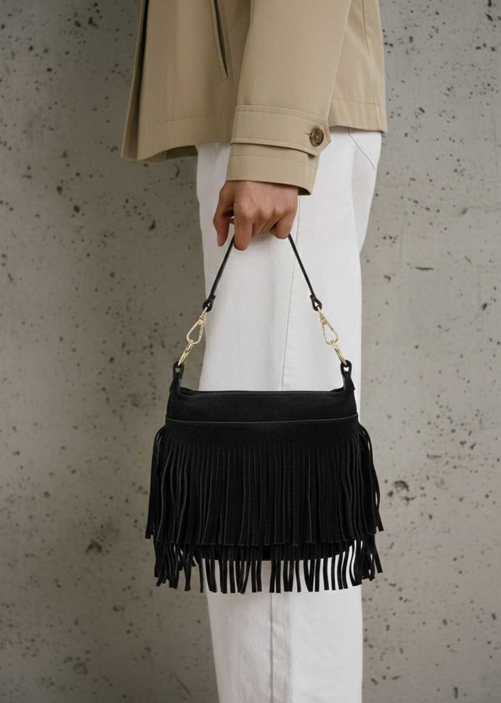 Lainey Suede Fringe Bucket Bag Black