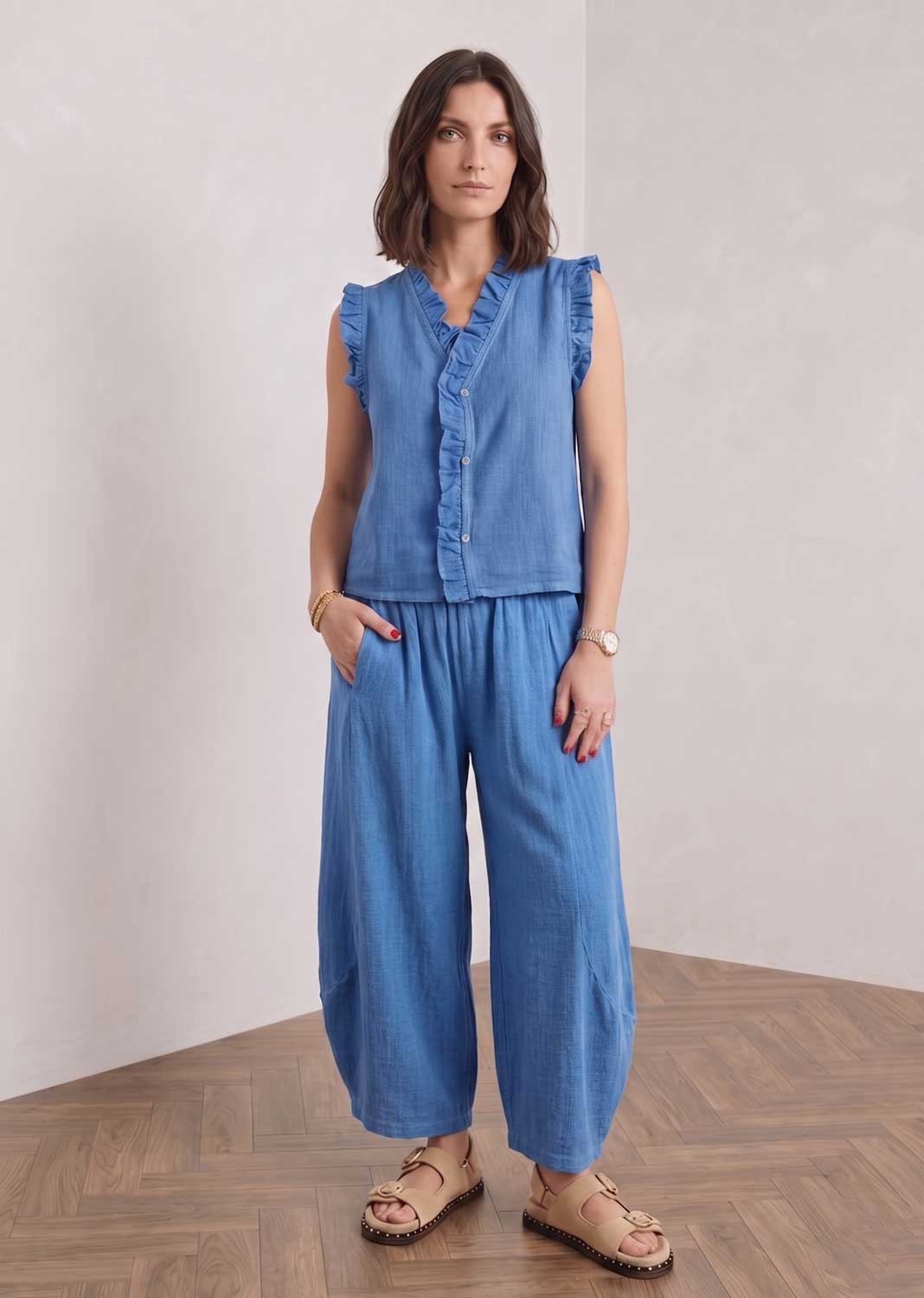 Lina Blue Hopsack Barrel Pants
