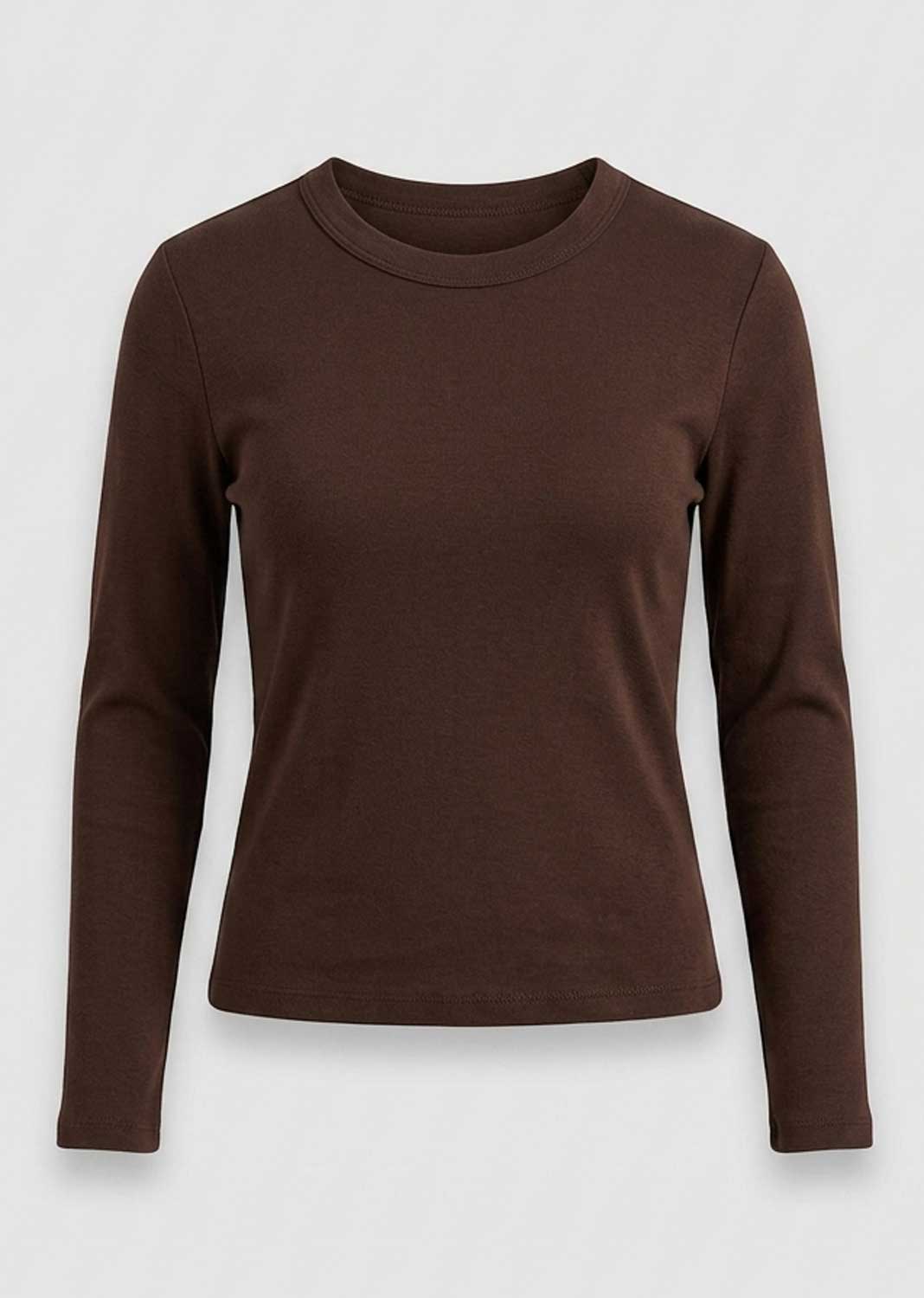 A dark brown long-sleeve crewneck top displayed on a headless mannequin against a light gray background.