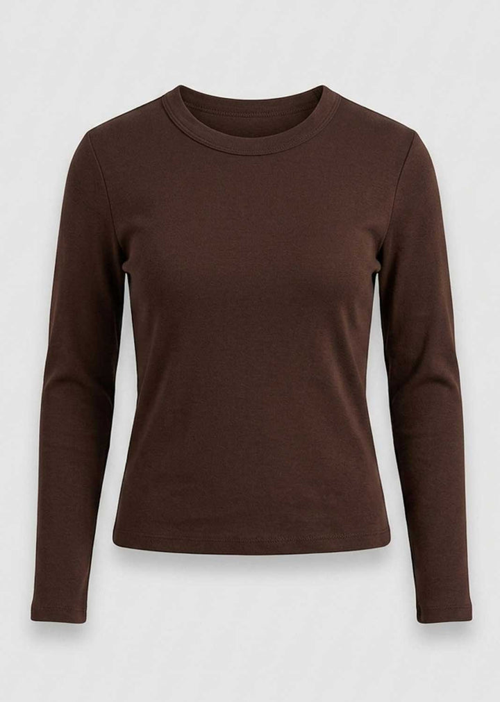 A dark brown long-sleeve crewneck top displayed on a headless mannequin against a light gray background.