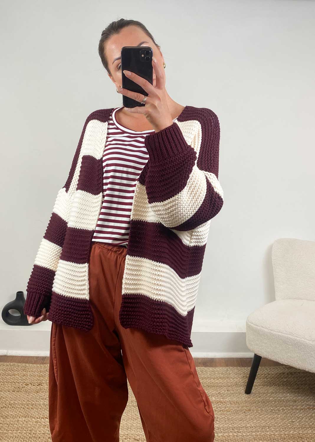 Odette Stripe Cardigan  Burgundy