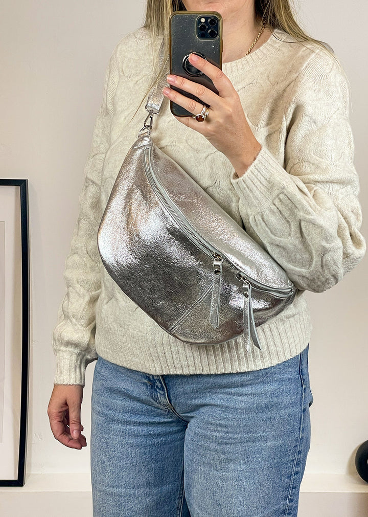 Silver Leather Sling Bag